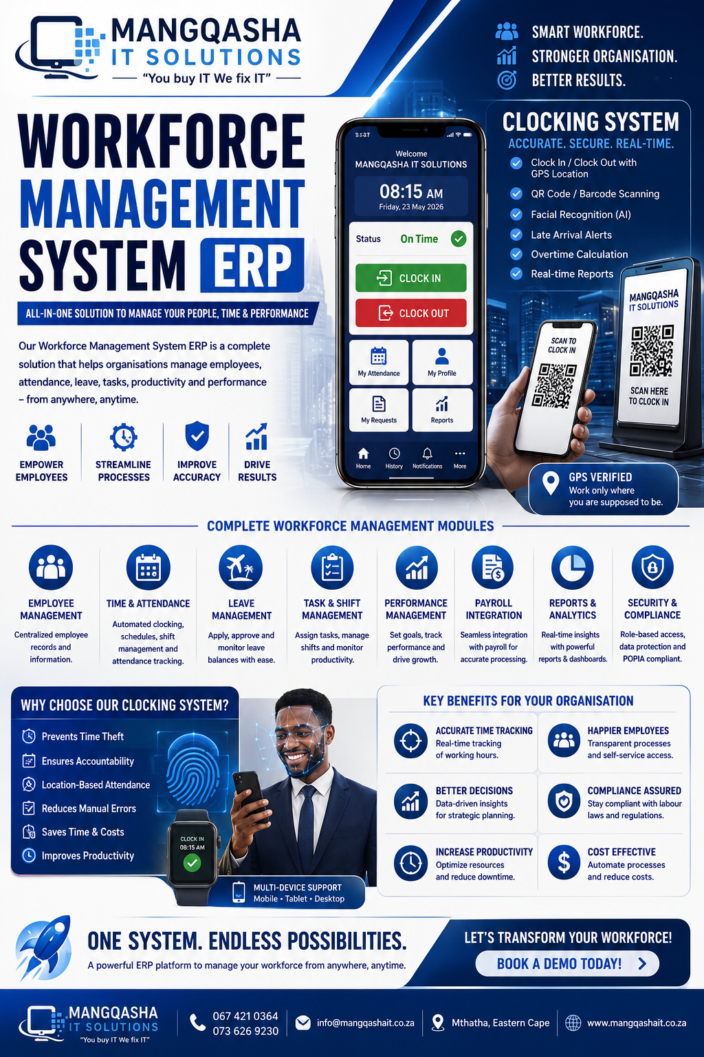 ENYANDENI CLOCKING system showing employee attendance and clocking interface