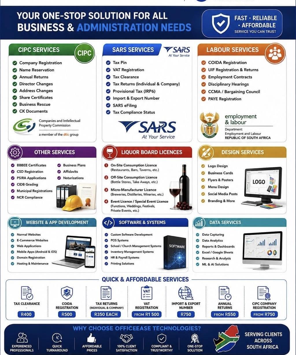 Business and Administration services flyer showing company registration packages and pricing